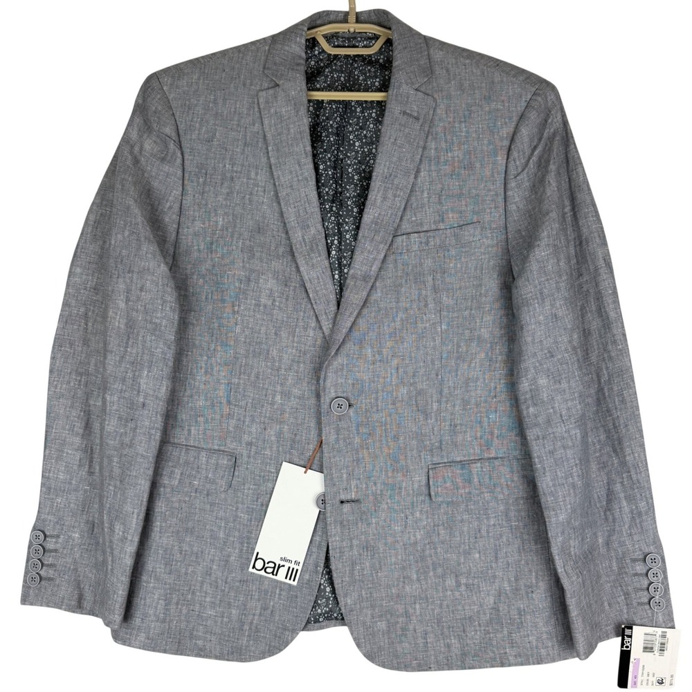 Bar III Blazer Mens 42S Gray 100% Linen Slim Fit Sport Coat Jacket NWT